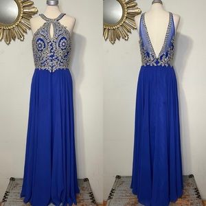 Coya Collection Blue Beaded Floral Decal Halter Gown